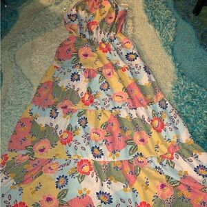 Monteau Multicolor Floral Tiered Maxi Dress in Pastel Patchwork